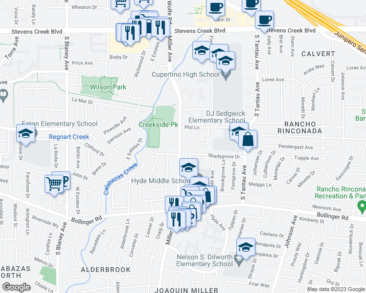 map of restaurants, bars, coffee shops, grocery stores, and more near 736 Miller Avenue in Cupertino
