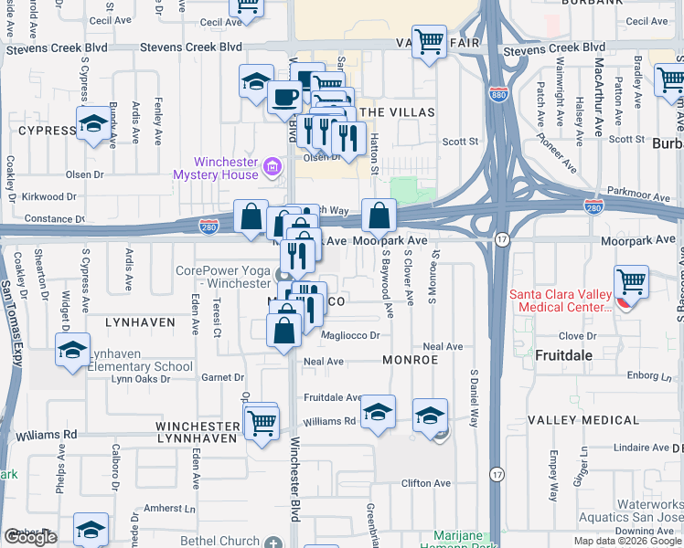 map of restaurants, bars, coffee shops, grocery stores, and more near 3030 Moorpark Avenue in San Jose