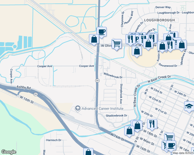 map of restaurants, bars, coffee shops, grocery stores, and more near North State Highway 59 in Merced