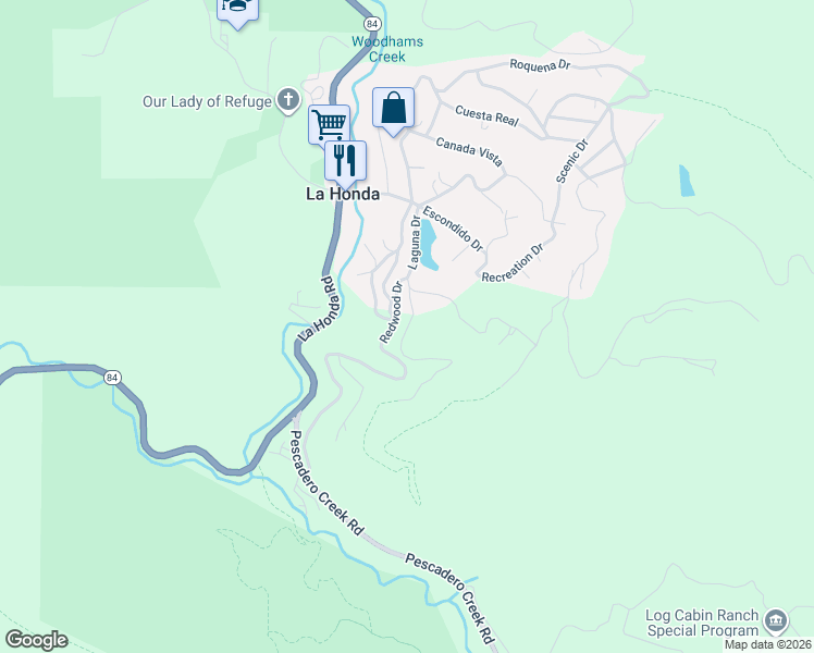 map of restaurants, bars, coffee shops, grocery stores, and more near 24 Fernwood Drive in La Honda