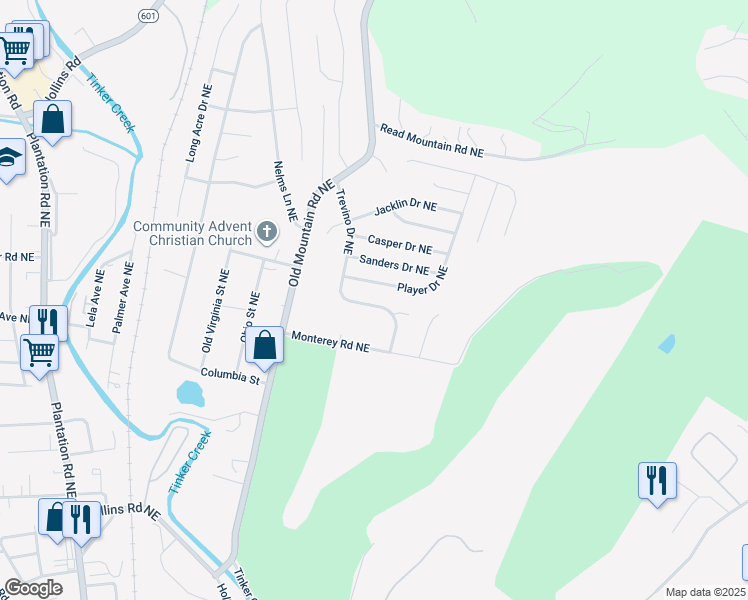 map of restaurants, bars, coffee shops, grocery stores, and more near 4628 Trevino Drive Northeast in Roanoke