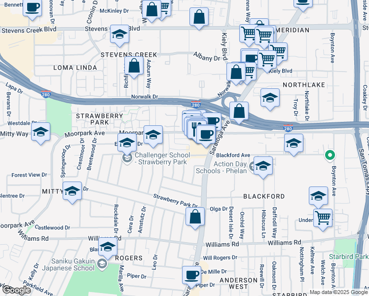 map of restaurants, bars, coffee shops, grocery stores, and more near 639 Bolton Court in San Jose