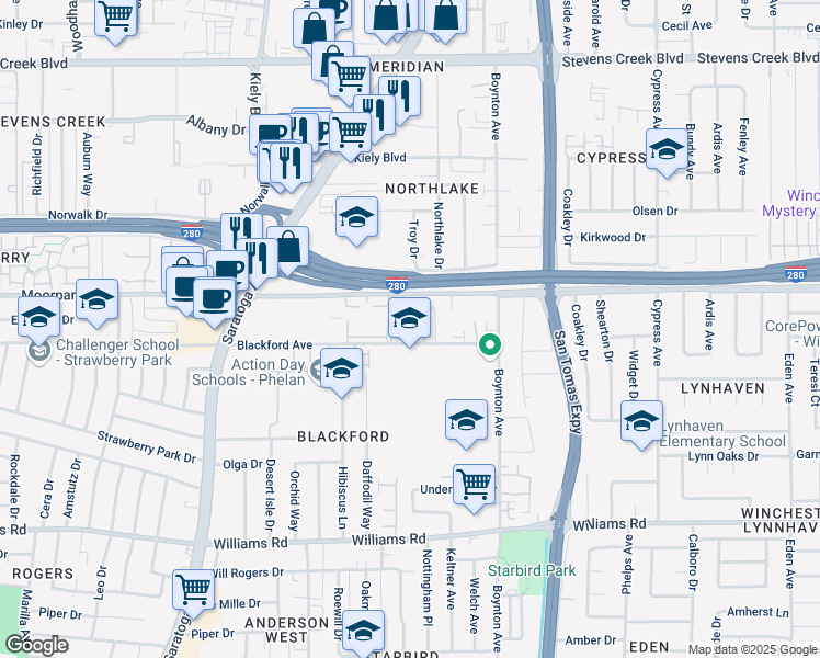 map of restaurants, bars, coffee shops, grocery stores, and more near 641 Rebecca Way in San Jose