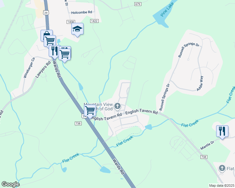 map of restaurants, bars, coffee shops, grocery stores, and more near 80 Old Tavern Circle in Lynchburg
