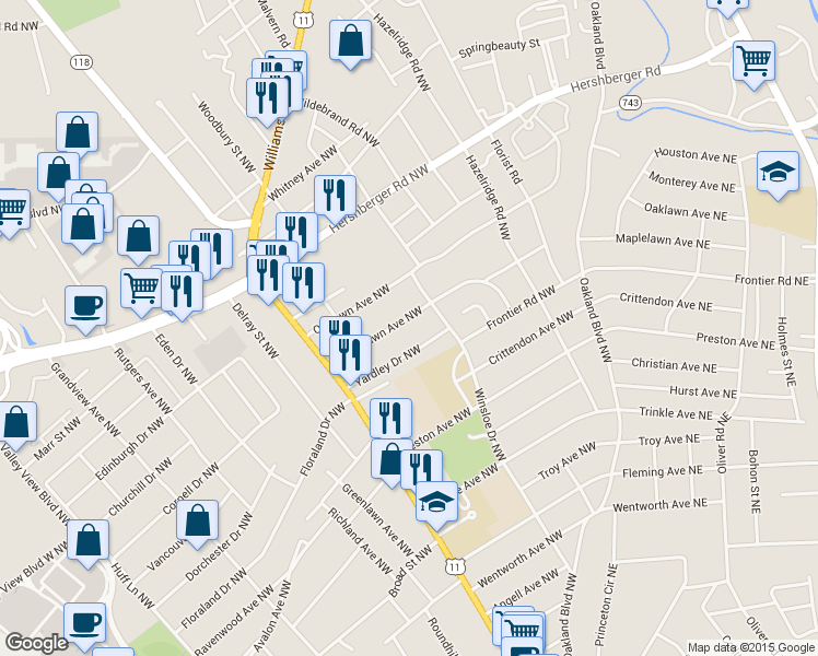 map of restaurants, bars, coffee shops, grocery stores, and more near 3203 Maplelawn Avenue Northwest in Roanoke