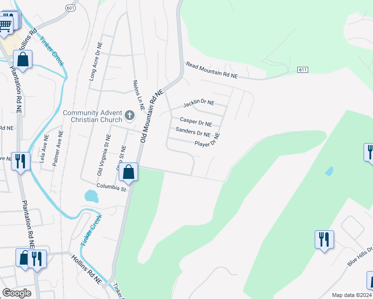 map of restaurants, bars, coffee shops, grocery stores, and more near 4634 Trevino Drive Northeast in Roanoke