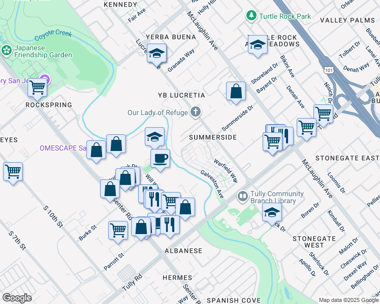 map of restaurants, bars, coffee shops, grocery stores, and more near 2116 Galveston Avenue in San Jose