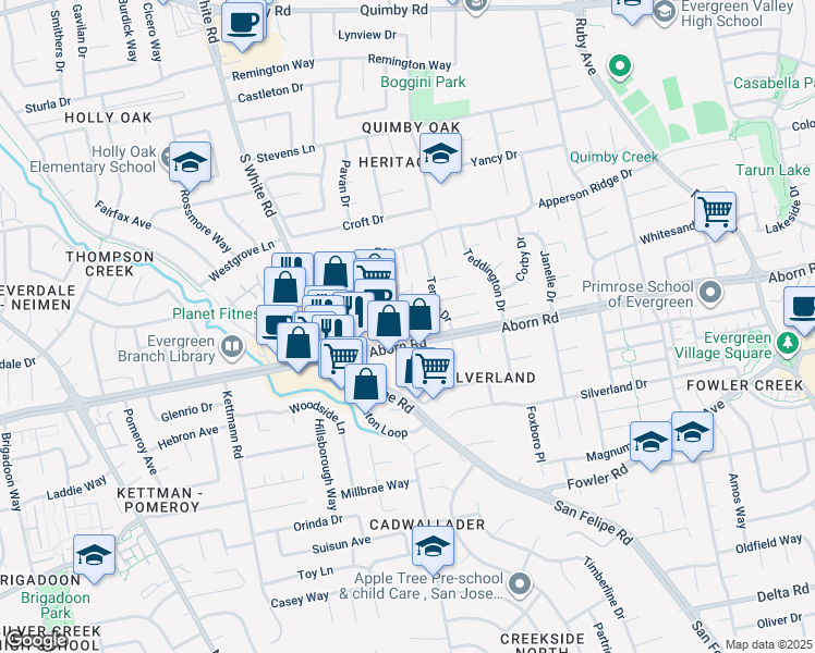 map of restaurants, bars, coffee shops, grocery stores, and more near 2255 Lusardi Drive in San Jose