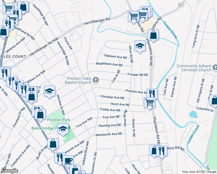 map of restaurants, bars, coffee shops, grocery stores, and more near 148 Preston Avenue Northeast in Roanoke