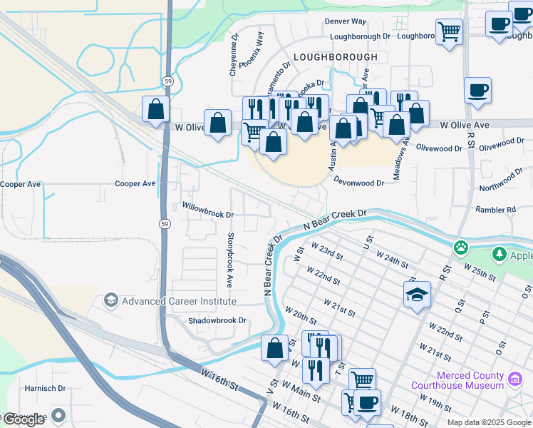 map of restaurants, bars, coffee shops, grocery stores, and more near 1572 La Mirada Drive in Merced