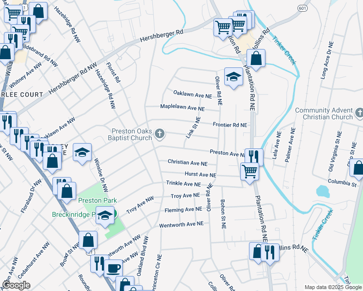 map of restaurants, bars, coffee shops, grocery stores, and more near 148 Preston Avenue Northeast in Roanoke