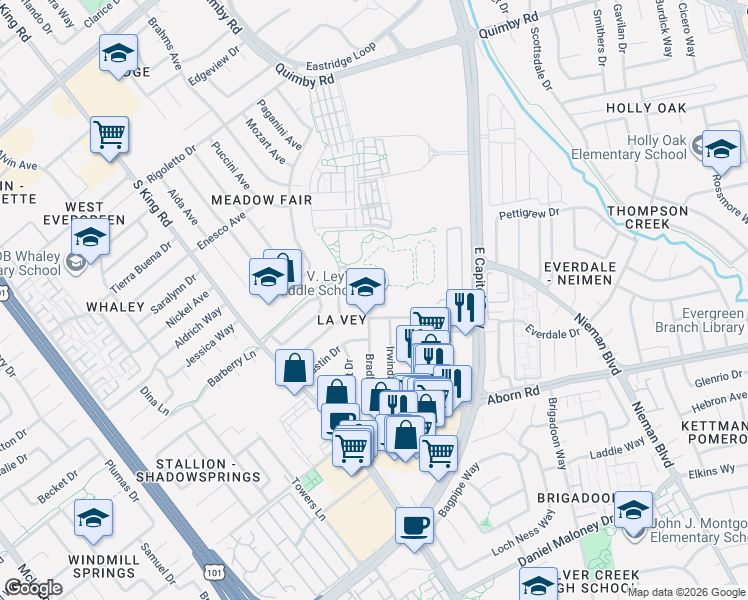 map of restaurants, bars, coffee shops, grocery stores, and more near 2828 Corda Drive in San Jose