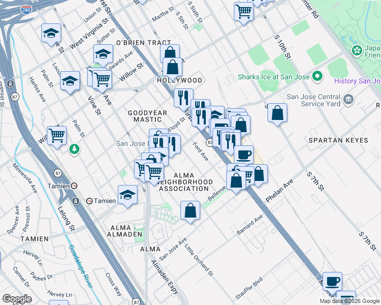 map of restaurants, bars, coffee shops, grocery stores, and more near 1401 Ford Avenue in San Jose