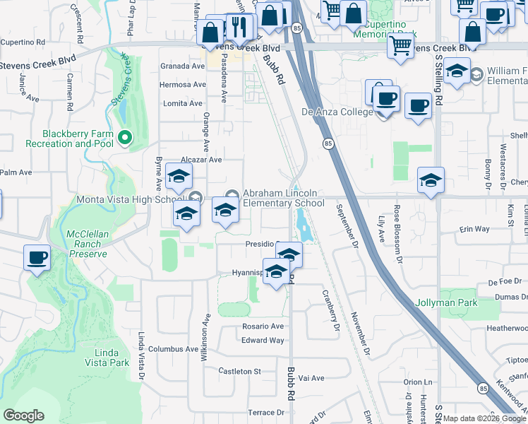 map of restaurants, bars, coffee shops, grocery stores, and more near 8079 Park Villa Circle in Cupertino