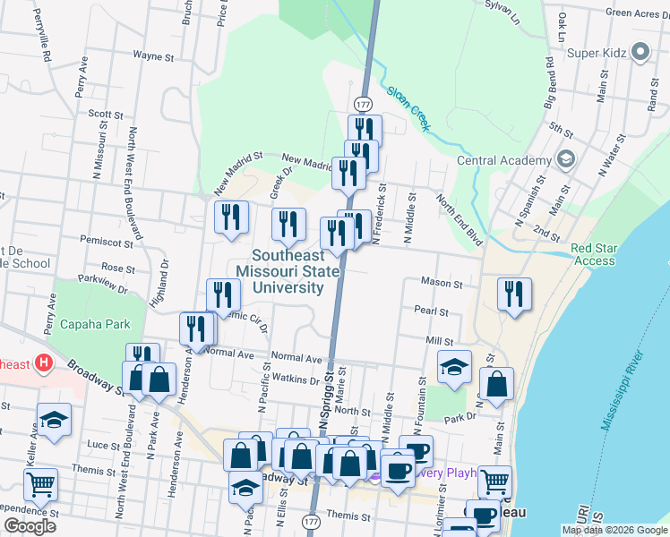 map of restaurants, bars, coffee shops, grocery stores, and more near 803 North Sprigg Street in Cape Girardeau