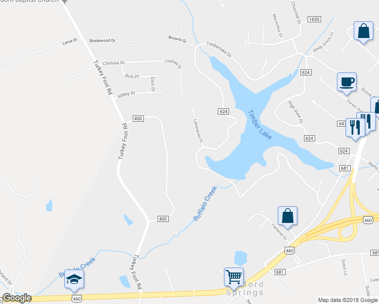 map of restaurants, bars, coffee shops, grocery stores, and more near 2167 Timberlake Drive in Lynchburg