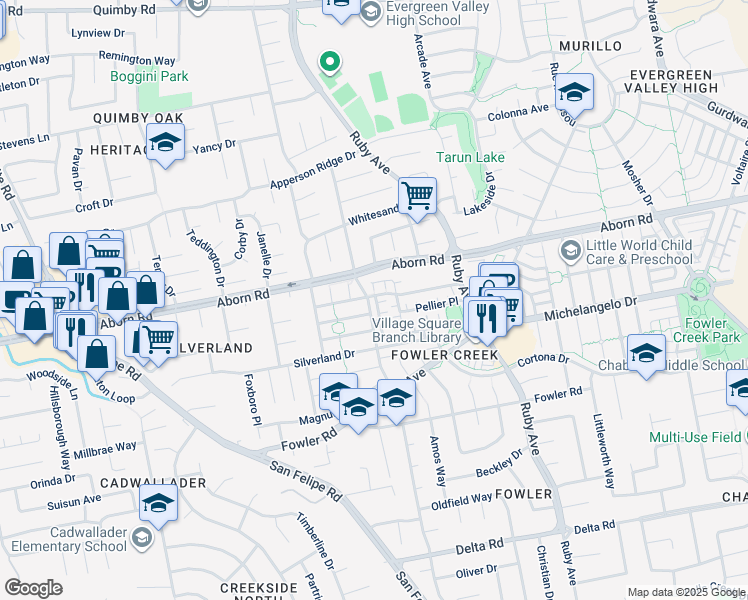 map of restaurants, bars, coffee shops, grocery stores, and more near 3201 Vineyard Park Way in San Jose