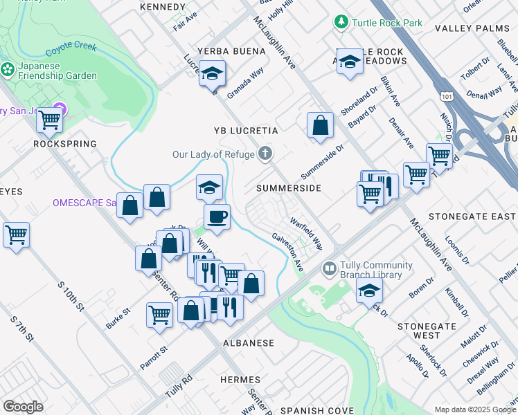 map of restaurants, bars, coffee shops, grocery stores, and more near 2116 Galveston Avenue in San Jose