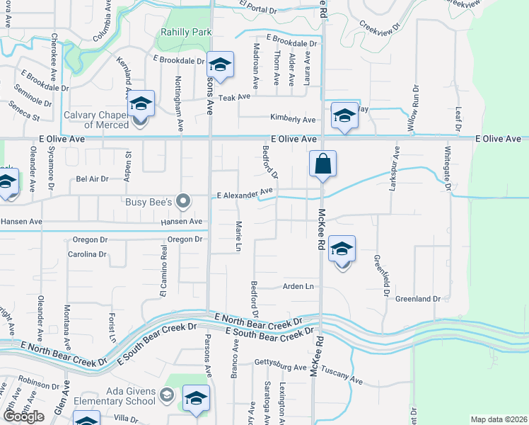 map of restaurants, bars, coffee shops, grocery stores, and more near 1964 Sierra Court in Merced