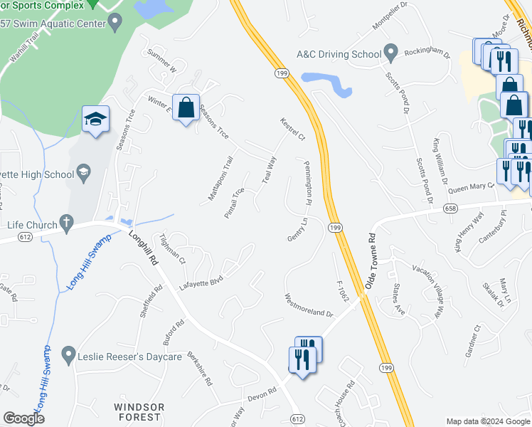 map of restaurants, bars, coffee shops, grocery stores, and more near 145 Teal Way in Williamsburg
