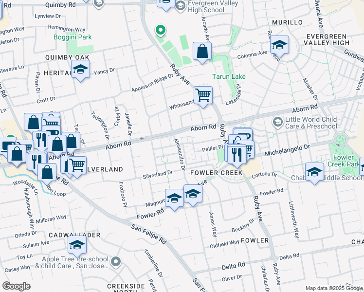 map of restaurants, bars, coffee shops, grocery stores, and more near 3201 Vineyard Park Way in San Jose