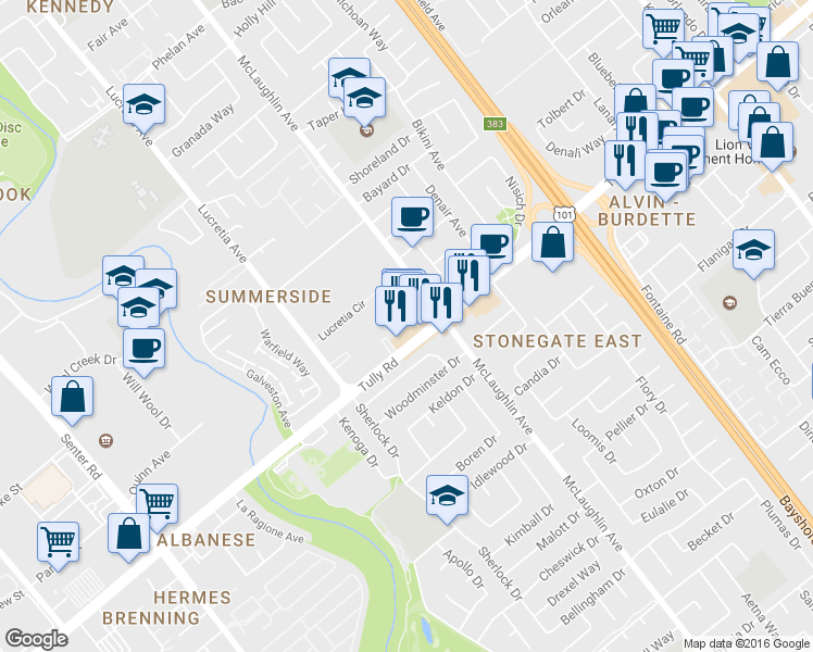 map of restaurants, bars, coffee shops, grocery stores, and more near 2404 Balme Drive in San Jose
