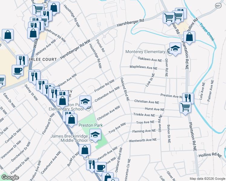 map of restaurants, bars, coffee shops, grocery stores, and more near 4201 Hazelridge Road Northwest in Roanoke