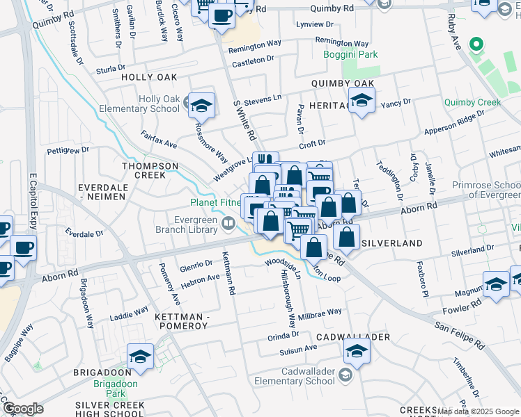 map of restaurants, bars, coffee shops, grocery stores, and more near 2873 Dawes Court in San Jose