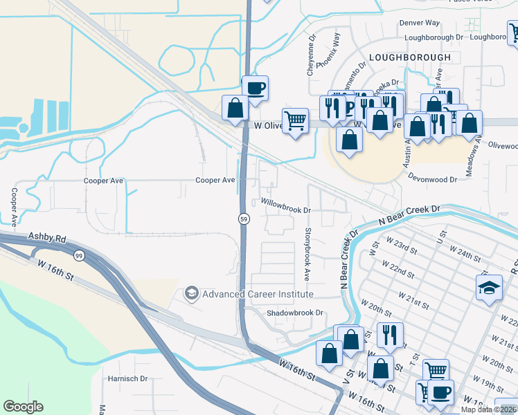 map of restaurants, bars, coffee shops, grocery stores, and more near 2926 Willowbrook Drive in Merced