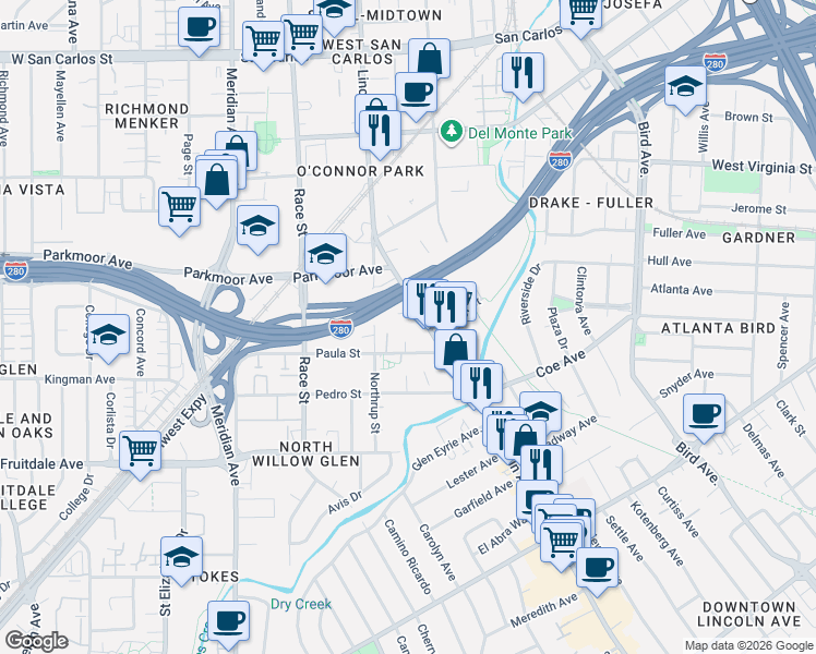map of restaurants, bars, coffee shops, grocery stores, and more near 748 Northrup Street in San Jose