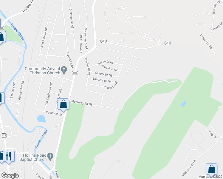 map of restaurants, bars, coffee shops, grocery stores, and more near 4735 Player Drive Northeast in Roanoke