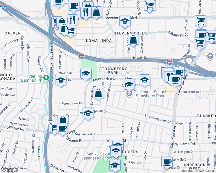 map of restaurants, bars, coffee shops, grocery stores, and more near 653 Brentwood Drive in San Jose