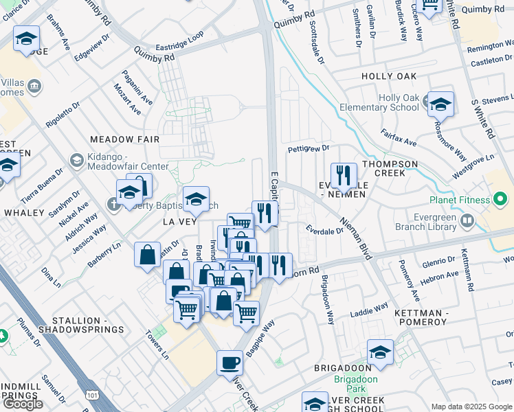 map of restaurants, bars, coffee shops, grocery stores, and more near 2889 Moss Hollow Drive in San Jose