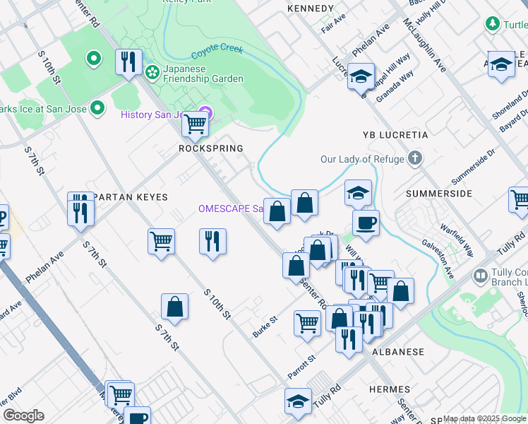 map of restaurants, bars, coffee shops, grocery stores, and more near 1898 Senter Road in San Jose