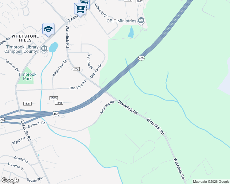 map of restaurants, bars, coffee shops, grocery stores, and more near U.S. 460 in Timberlake