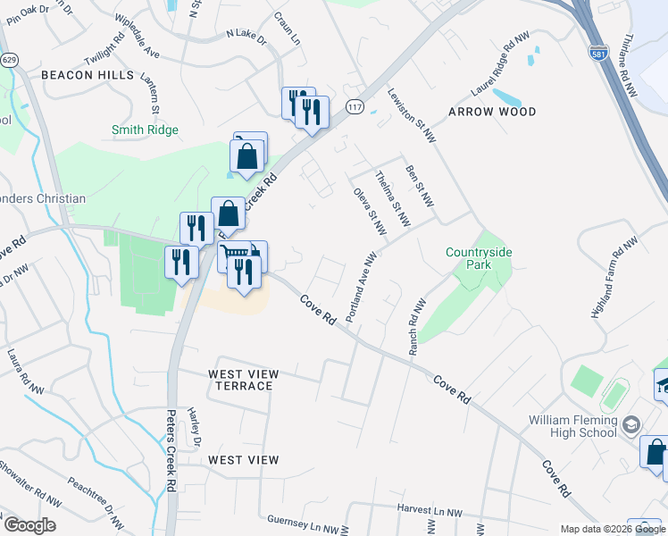 map of restaurants, bars, coffee shops, grocery stores, and more near 2422 Willow Walk Drive in Roanoke