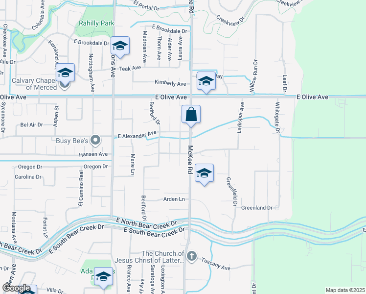 map of restaurants, bars, coffee shops, grocery stores, and more near 2982 Sequoia Drive in Merced