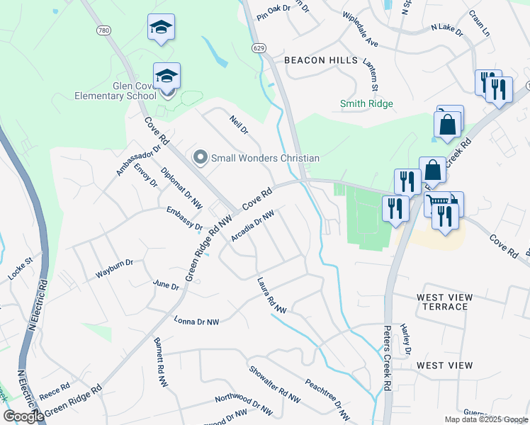 map of restaurants, bars, coffee shops, grocery stores, and more near 4517 Arcadia Drive Northwest in Roanoke