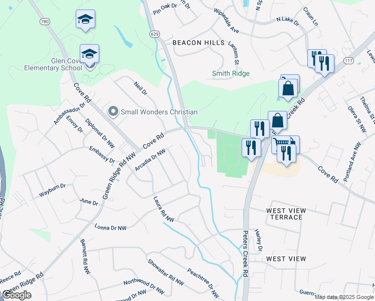 map of restaurants, bars, coffee shops, grocery stores, and more near 2451 Meadowbrook Road Northwest in Roanoke