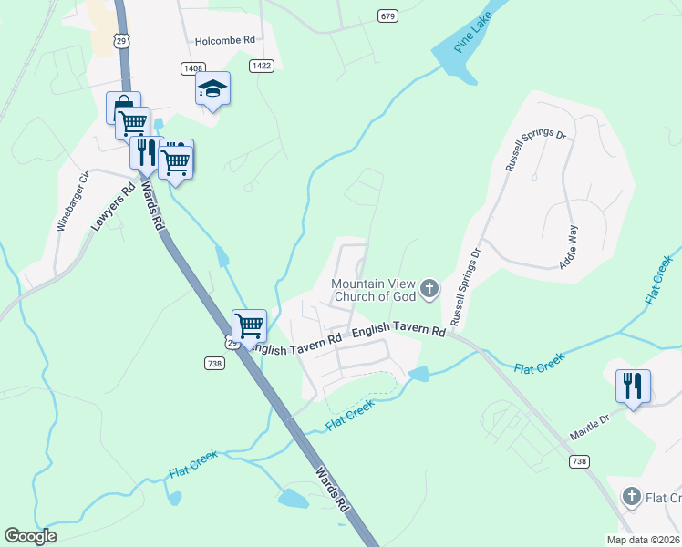 map of restaurants, bars, coffee shops, grocery stores, and more near 36 Lawton Circle in Lynchburg