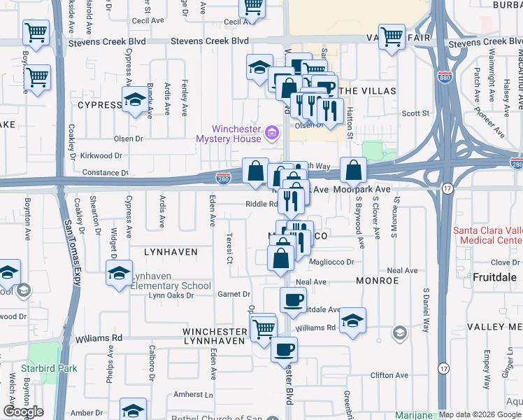 map of restaurants, bars, coffee shops, grocery stores, and more near 3150 Riddle Road in San Jose