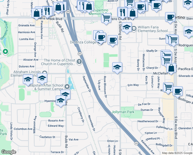 map of restaurants, bars, coffee shops, grocery stores, and more near 820 Hooshang Ct in Cupertino