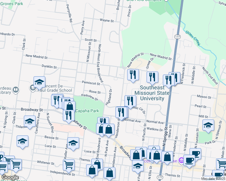 map of restaurants, bars, coffee shops, grocery stores, and more near 678 Highland Drive in Cape Girardeau