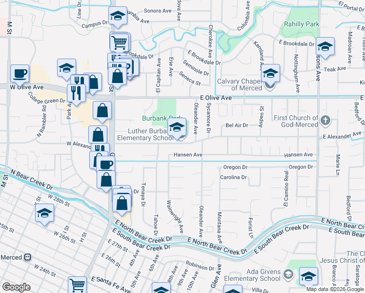 map of restaurants, bars, coffee shops, grocery stores, and more near 672 East Alexander Avenue in Merced