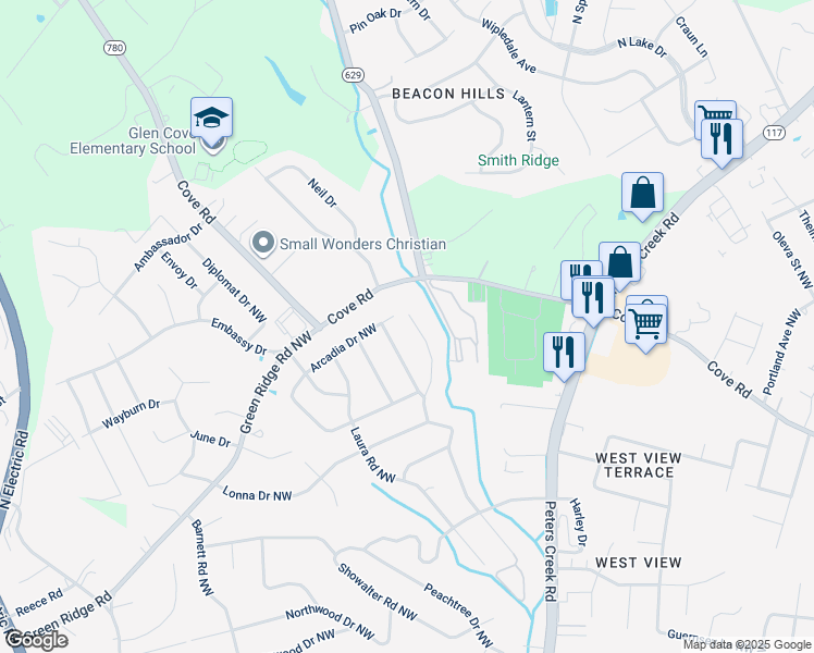 map of restaurants, bars, coffee shops, grocery stores, and more near 2462 Meadowbrook Road Northwest in Roanoke