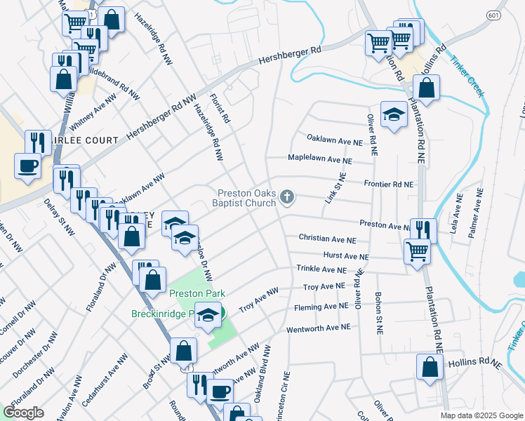 map of restaurants, bars, coffee shops, grocery stores, and more near 3417 Crittendon Avenue Northwest in Roanoke