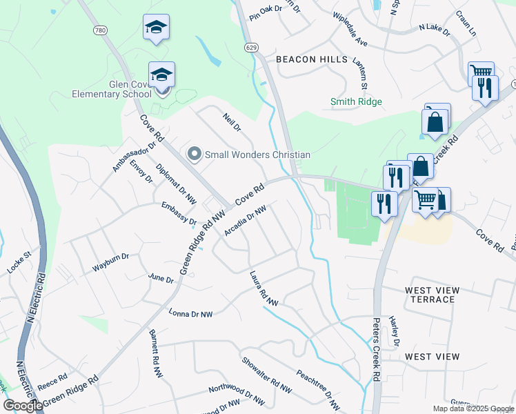 map of restaurants, bars, coffee shops, grocery stores, and more near 4517 Arcadia Drive Northwest in Roanoke