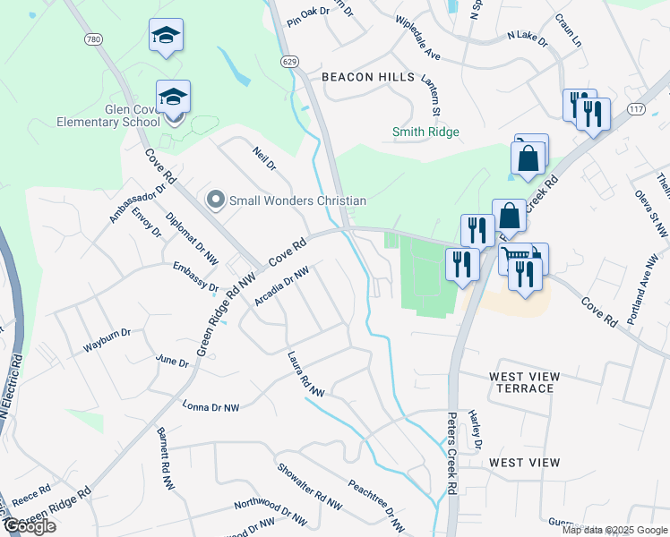 map of restaurants, bars, coffee shops, grocery stores, and more near 2462 Meadowbrook Road Northwest in Roanoke