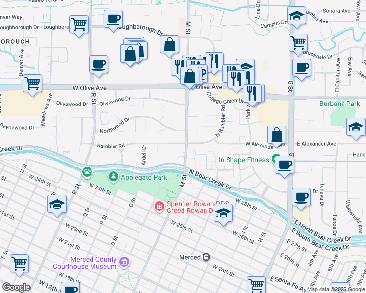 map of restaurants, bars, coffee shops, grocery stores, and more near 610 Rambler Road in Merced