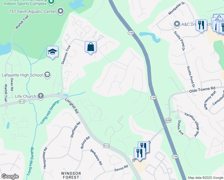 map of restaurants, bars, coffee shops, grocery stores, and more near 129 Pintail Trace in Williamsburg